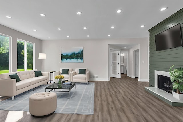 2054 S Jonathan Dr, Round Lake, IL 60073 - living room with wood finished floors, recessed lighting, and a large fireplace