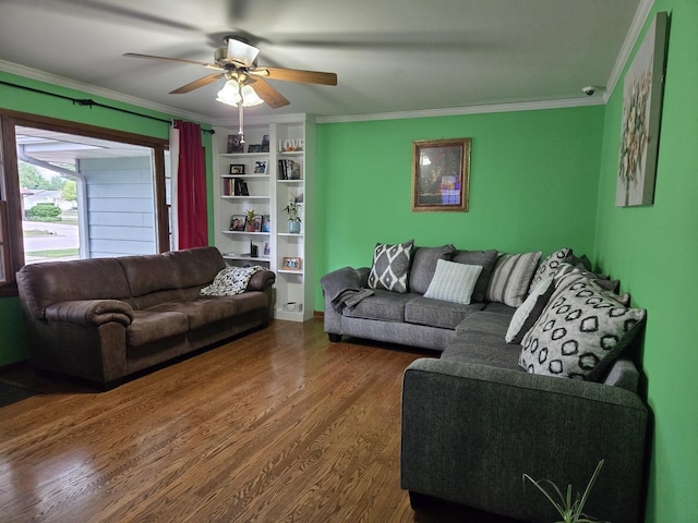 811 N Glenwood Pl, Aurora, IL 60506 - living room featuring wood finished floors, ornamental molding, and ceiling fan