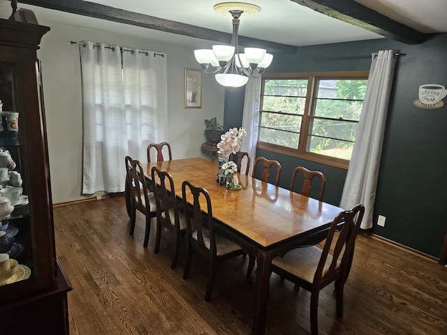 811 N Glenwood Pl, Aurora, IL 60506 - dining area with dark wood finished floors, a chandelier, and beamed ceiling