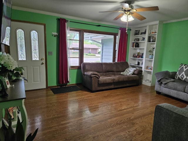 811 N Glenwood Pl, Aurora, IL 60506 - living area featuring ornamental molding, ceiling fan, wood finished floors, and built in shelves
