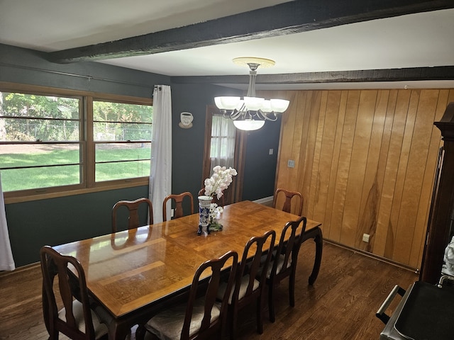 811 N Glenwood Pl, Aurora, IL 60506 - dining space with beam ceiling, a chandelier, dark wood-style flooring, and wood walls
