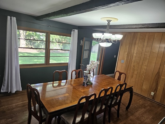 811 N Glenwood Pl, Aurora, IL 60506 - dining area with dark wood-style flooring, beamed ceiling, a chandelier, and wooden walls