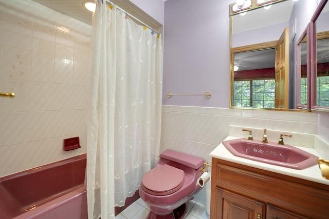 1816 Princeton Rd, Flossmoor, IL 60422 - bathroom featuring vanity, tile walls, shower / bathtub combination with curtain, and tile patterned floors
