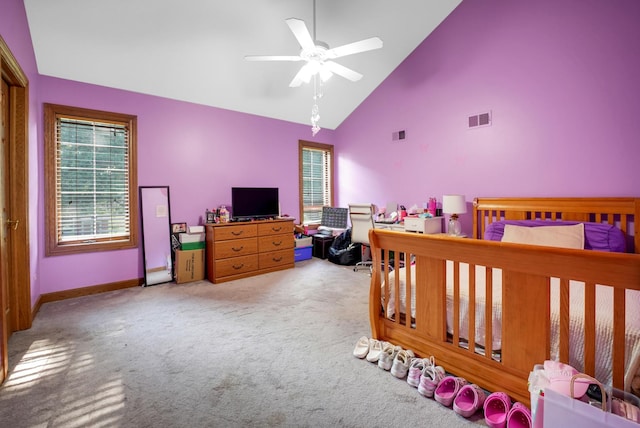 1816 Princeton Rd, Flossmoor, IL 60422 - bedroom with carpet, high vaulted ceiling, and ceiling fan