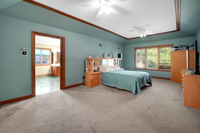 1816 Princeton Rd, Flossmoor, IL 60422 - bedroom featuring light carpet, crown molding, ensuite bath, and ceiling fan