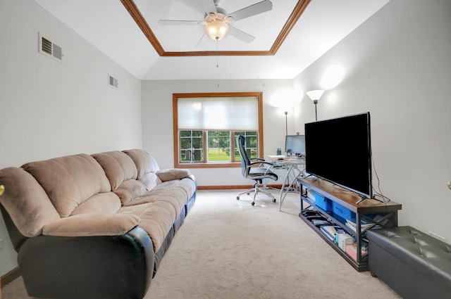 1816 Princeton Rd, Flossmoor, IL 60422 - living room featuring ceiling fan, light carpet, a desk, and a raised ceiling