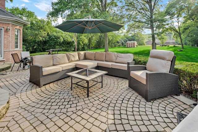 1816 Princeton Rd, Flossmoor, IL 60422 - view of patio featuring a storage shed, an outdoor hangout area, and view of scattered trees
