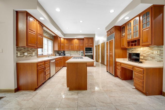1816 Princeton Rd, Flossmoor, IL 60422 - kitchen with built in appliances, a kitchen island, brown cabinetry, backsplash, and recessed lighting