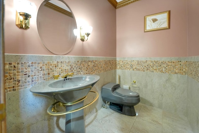 1816 Princeton Rd, Flossmoor, IL 60422 - half bath featuring wainscoting, tile walls, tile patterned flooring, and ornamental molding