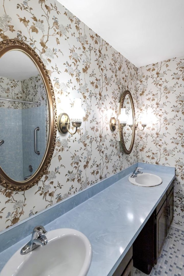 1016 Charleston Dr, Saint Charles, IL 60174 - full bath with wallpapered walls, double vanity, and a shower with shower door