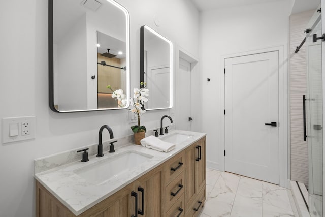 4250 N Whipple St, Chicago, IL 60618 - bathroom with double vanity, marble look tiles, and a stall shower