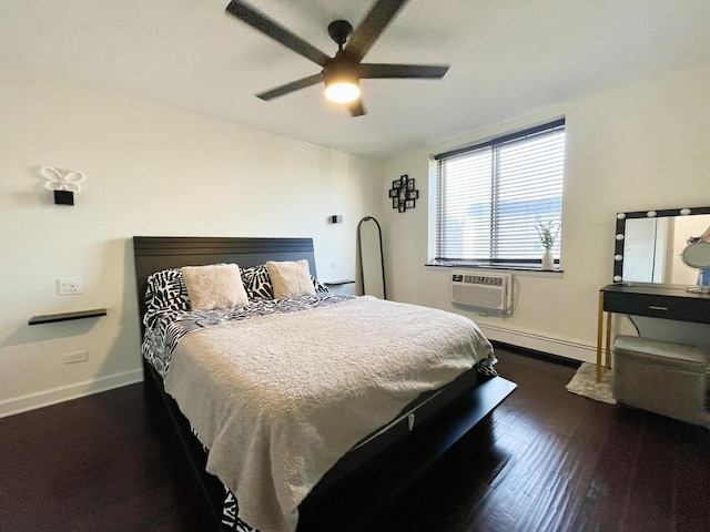 9725 S Karlov Ave Unit 208, Oak Lawn, IL 60453 - bedroom featuring baseboard heating, wood finished floors, a wall mounted AC, and ceiling fan