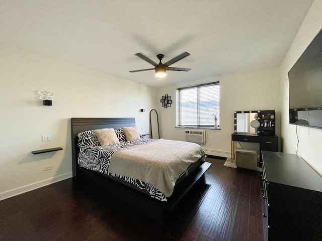 9725 S Karlov Ave Unit 208, Oak Lawn, IL 60453 - bedroom with dark wood-type flooring, a baseboard heating unit, a wall mounted air conditioner, and a ceiling fan