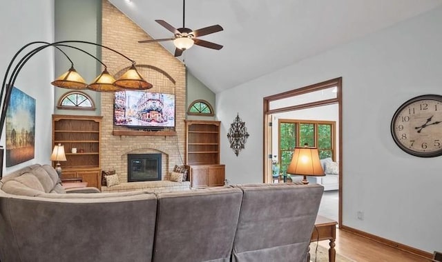 1509 Keim Ct, Saint Charles, IL 60174 - living room with high vaulted ceiling, wood finished floors, a ceiling fan, healthy amount of natural light, and a fireplace