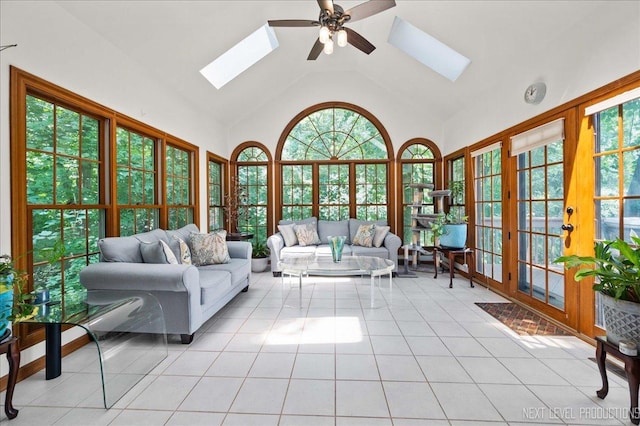 1509 Keim Ct, Saint Charles, IL 60174 - sunroom featuring french doors, a skylight, tile patterned flooring, and high vaulted ceiling