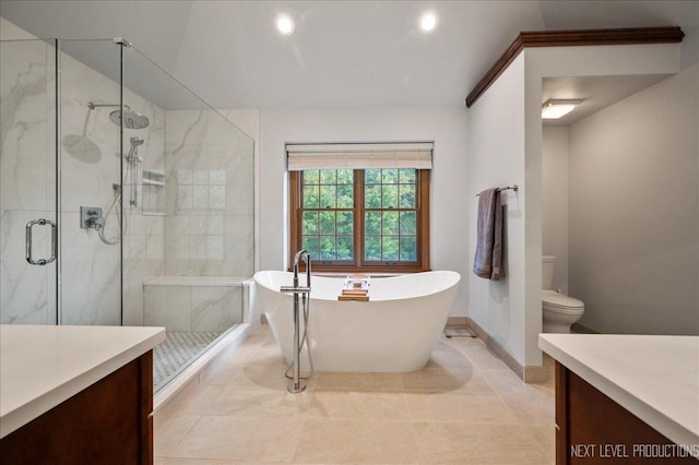 1509 Keim Ct, Saint Charles, IL 60174 - full bath with vanity, a soaking tub, a marble finish shower, recessed lighting, and tile patterned flooring