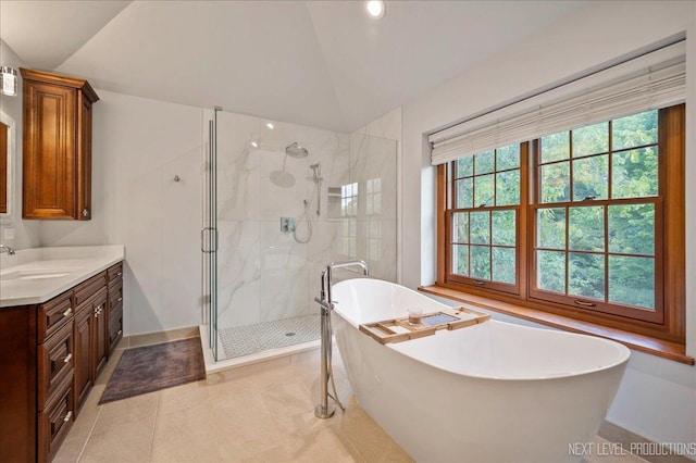 1509 Keim Ct, Saint Charles, IL 60174 - bathroom with vaulted ceiling, a marble finish shower, vanity, a freestanding bath, and recessed lighting