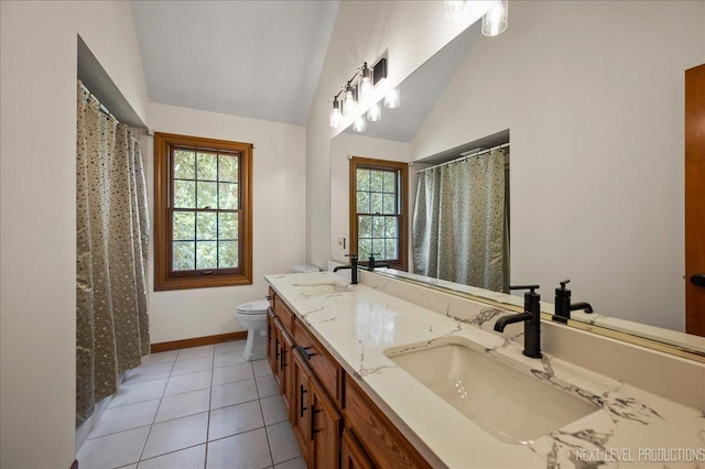 1509 Keim Ct, Saint Charles, IL 60174 - full bathroom featuring lofted ceiling, double vanity, tile patterned flooring, and curtained shower