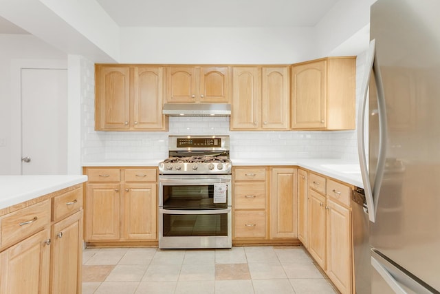 160 E Terra Cotta Ave, Crystal Lake, IL 60014 - kitchen with appliances with stainless steel finishes, light brown cabinets, under cabinet range hood, and tasteful backsplash