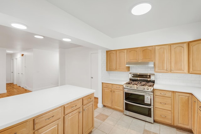 160 E Terra Cotta Ave, Crystal Lake, IL 60014 - kitchen with range with two ovens, light brown cabinets, under cabinet range hood, tasteful backsplash, and recessed lighting