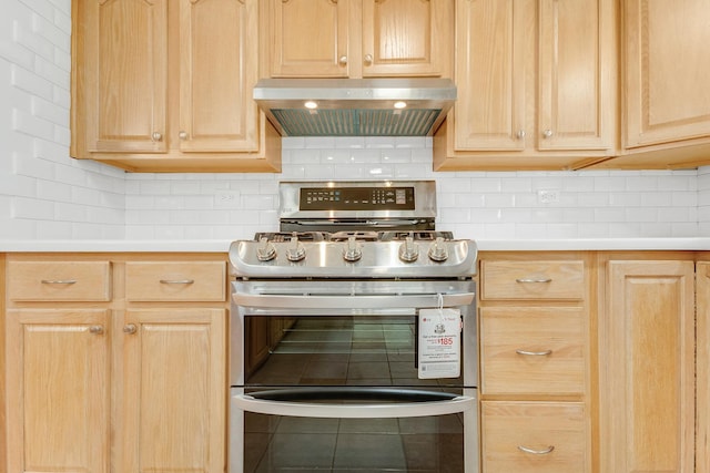 160 E Terra Cotta Ave, Crystal Lake, IL 60014 - kitchen featuring exhaust hood, range with two ovens, light brown cabinetry, and tasteful backsplash