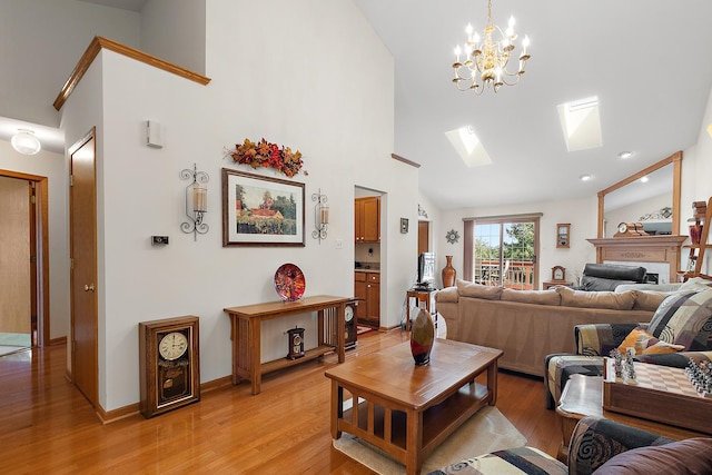 7672 Thistlewood Ln, Frankfort, IL 60423 - living room featuring high vaulted ceiling, light wood finished floors, a chandelier, a skylight, and a fireplace