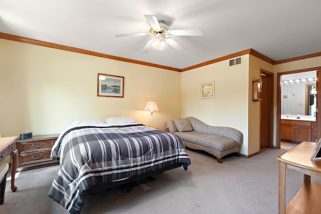 7672 Thistlewood Ln, Frankfort, IL 60423 - carpeted bedroom with ornamental molding, a ceiling fan, and ensuite bath