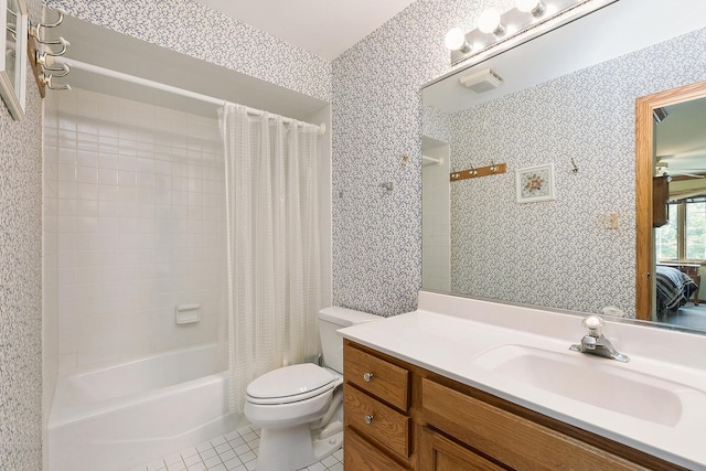 7672 Thistlewood Ln, Frankfort, IL 60423 - full bathroom featuring shower / tub combo with curtain, tile patterned flooring, vanity, and ceiling fan