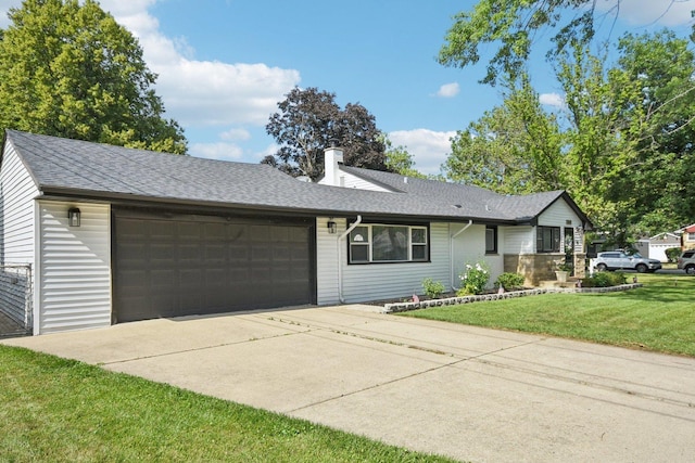 1610 S Greenwood Ave, Park Ridge, IL 60068 - ranch-style house featuring an attached garage, roof with shingles, a chimney, and a front lawn