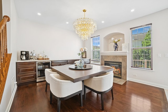 234 Cassidy Ln, Elgin, IL 60124 - dining area featuring beverage cooler, healthy amount of natural light, dark wood finished floors, a chandelier, and recessed lighting