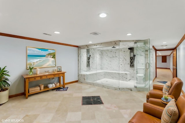 13714 S Janas Pkwy, Homer Glen, IL 60491 - full bath with recessed lighting, a marble finish shower, ornamental molding, and vanity