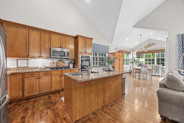 1728 Briarheath Dr, Aurora, IL 60505 - kitchen featuring appliances with stainless steel finishes, brown cabinetry, high vaulted ceiling, light stone countertops, and dark wood-style floors