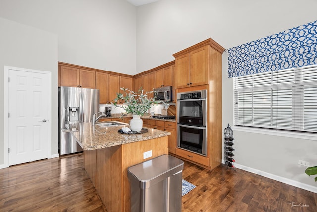 1728 Briarheath Dr, Aurora, IL 60505 - kitchen featuring appliances with stainless steel finishes, a high ceiling, light stone counters, dark wood-style flooring, and a center island with sink