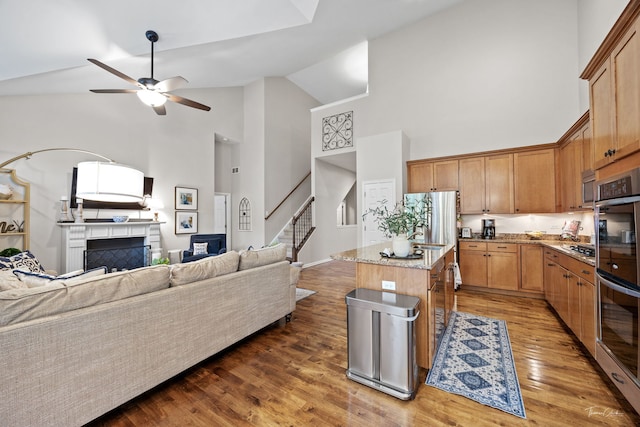 1728 Briarheath Dr, Aurora, IL 60505 - kitchen with open floor plan, high vaulted ceiling, a fireplace, light stone countertops, and a center island