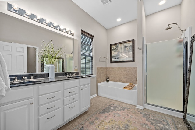 1728 Briarheath Dr, Aurora, IL 60505 - bathroom with a shower stall, double vanity, a garden tub, and tile patterned flooring