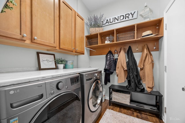 1728 Briarheath Dr, Aurora, IL 60505 - washroom featuring cabinet space, washer and clothes dryer, and dark wood-style floors