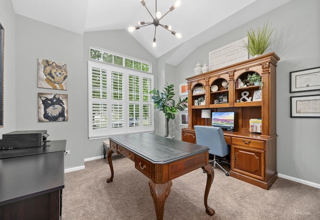 1728 Briarheath Dr, Aurora, IL 60505 - home office with lofted ceiling, a chandelier, and carpet