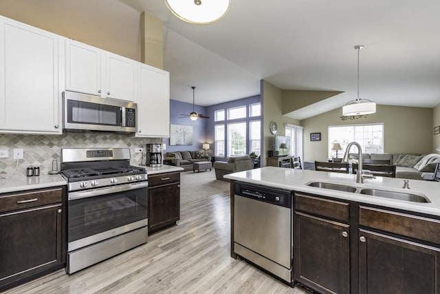 1444 Baroque Ave, Volo, IL 60073 - kitchen featuring stainless steel appliances, open floor plan, vaulted ceiling, white cabinets, and light wood-type flooring