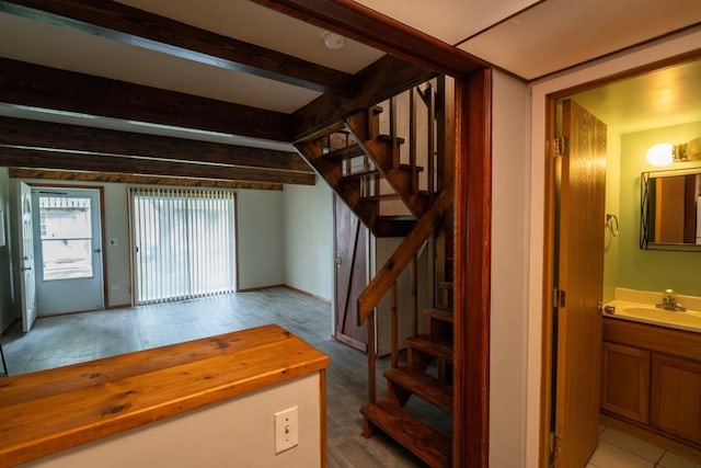 89 Maude Ave Unit A, Fox Lake, IL 60020 - stairs with beamed ceiling and wood finished floors