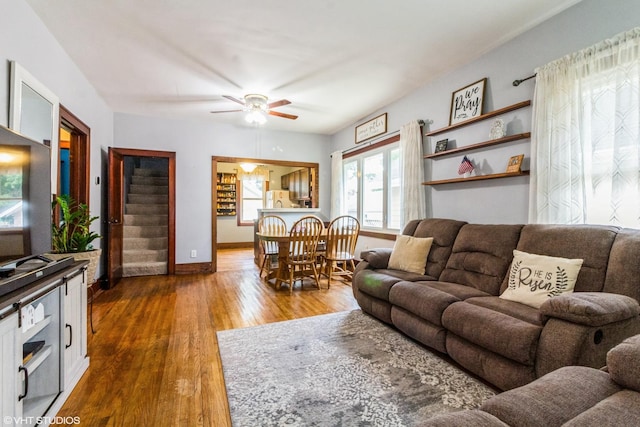 916 Pearl St, Aurora, IL 60505 - living room featuring dark wood-style floors and a ceiling fan