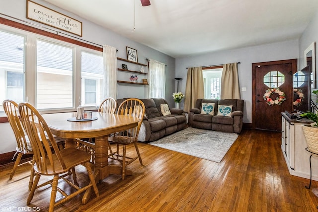 916 Pearl St, Aurora, IL 60505 - dining area with dark wood-style floors and ceiling fan