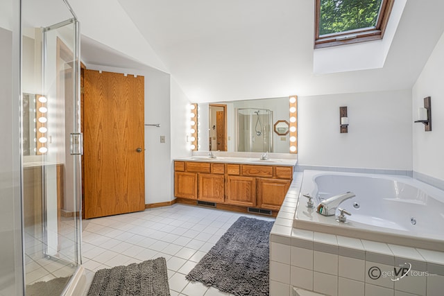 7 Vista Ridge Dr, Galena, IL 61036 - full bathroom featuring a stall shower, a skylight, double vanity, a whirlpool tub, and lofted ceiling