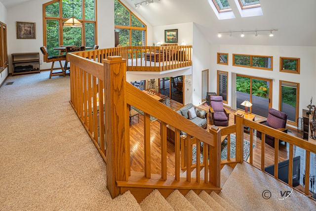 7 Vista Ridge Dr, Galena, IL 61036 - stairs with track lighting, a skylight, carpet flooring, and high vaulted ceiling
