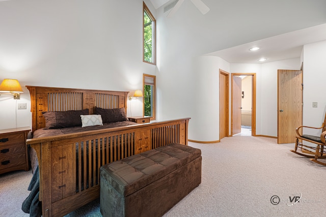 7 Vista Ridge Dr, Galena, IL 61036 - bedroom with carpet, a high ceiling, ceiling fan, and recessed lighting