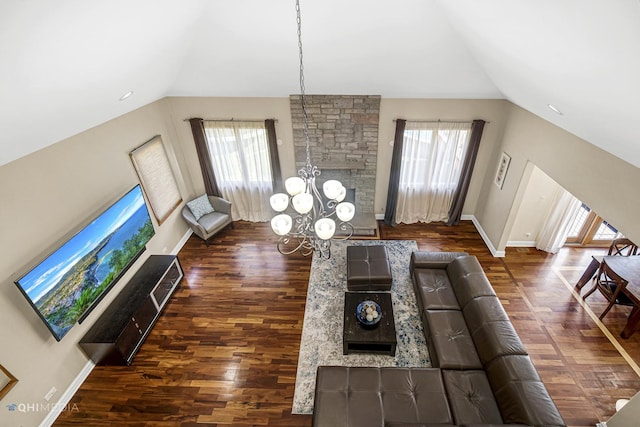 404 W Camp Mcdonald Rd, Prospect Heights, IL 60070 - living room featuring vaulted ceiling, plenty of natural light, wood finished floors, and a chandelier