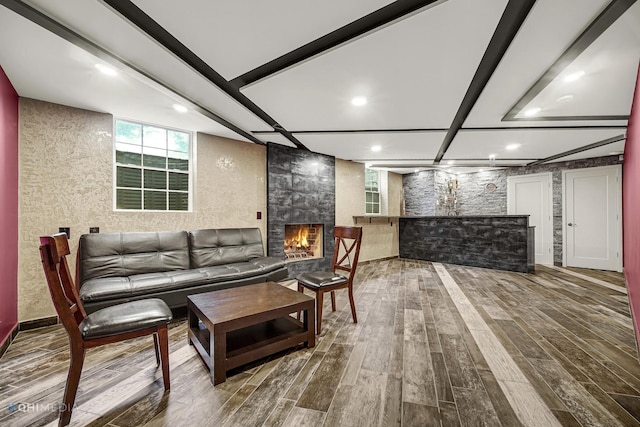 404 W Camp Mcdonald Rd, Prospect Heights, IL 60070 - living area with wood finished floors, a fireplace, recessed lighting, and beamed ceiling