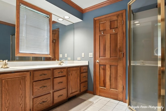 1815 Vineyard Ln, Spring Grove, IL 60081 - bathroom featuring ornamental molding, double vanity, a stall shower, and tile patterned floors