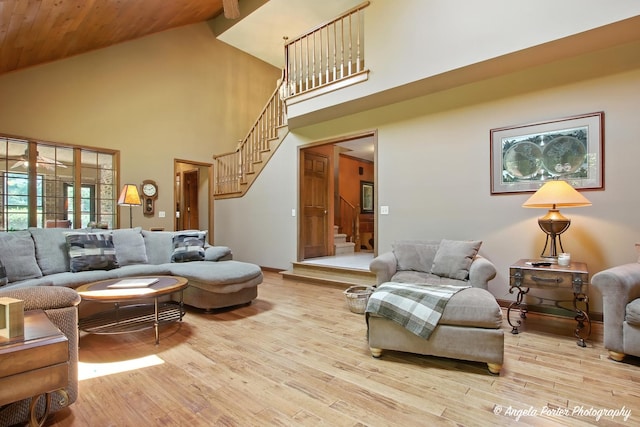 1815 Vineyard Ln, Spring Grove, IL 60081 - living area featuring stairway, wood finished floors, high vaulted ceiling, and wooden ceiling