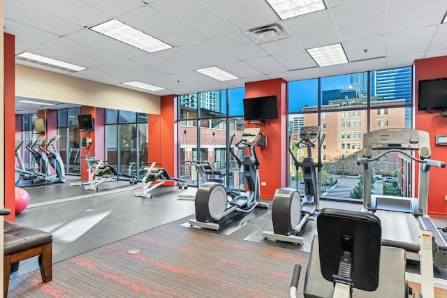 330 N Jefferson St Unit 2102, Chicago, IL 60661 - workout area with a wall of windows, healthy amount of natural light, a drop ceiling, and carpet flooring