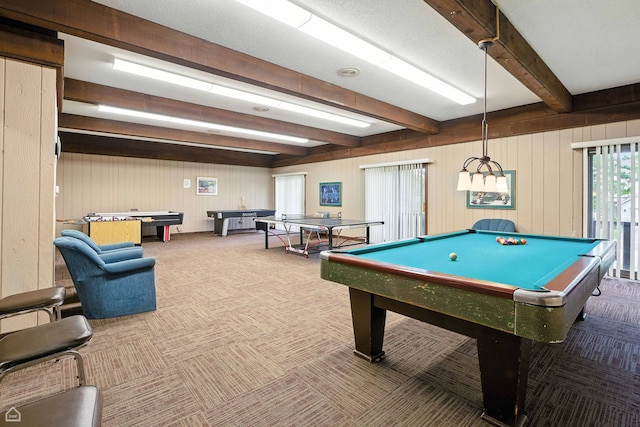 740 Saint Andrews Ln Unit 5, Crystal Lake, IL 60014 - playroom featuring pool table, carpet floors, beam ceiling, and wooden walls